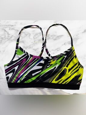 Colorful Abstract Print Sports Bra - Neon Green, Purple, Black